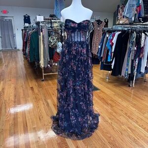 Faeriesty Strapless Navy Floral Tulle Formal Ruffle Gown Cottagecore Fairycore